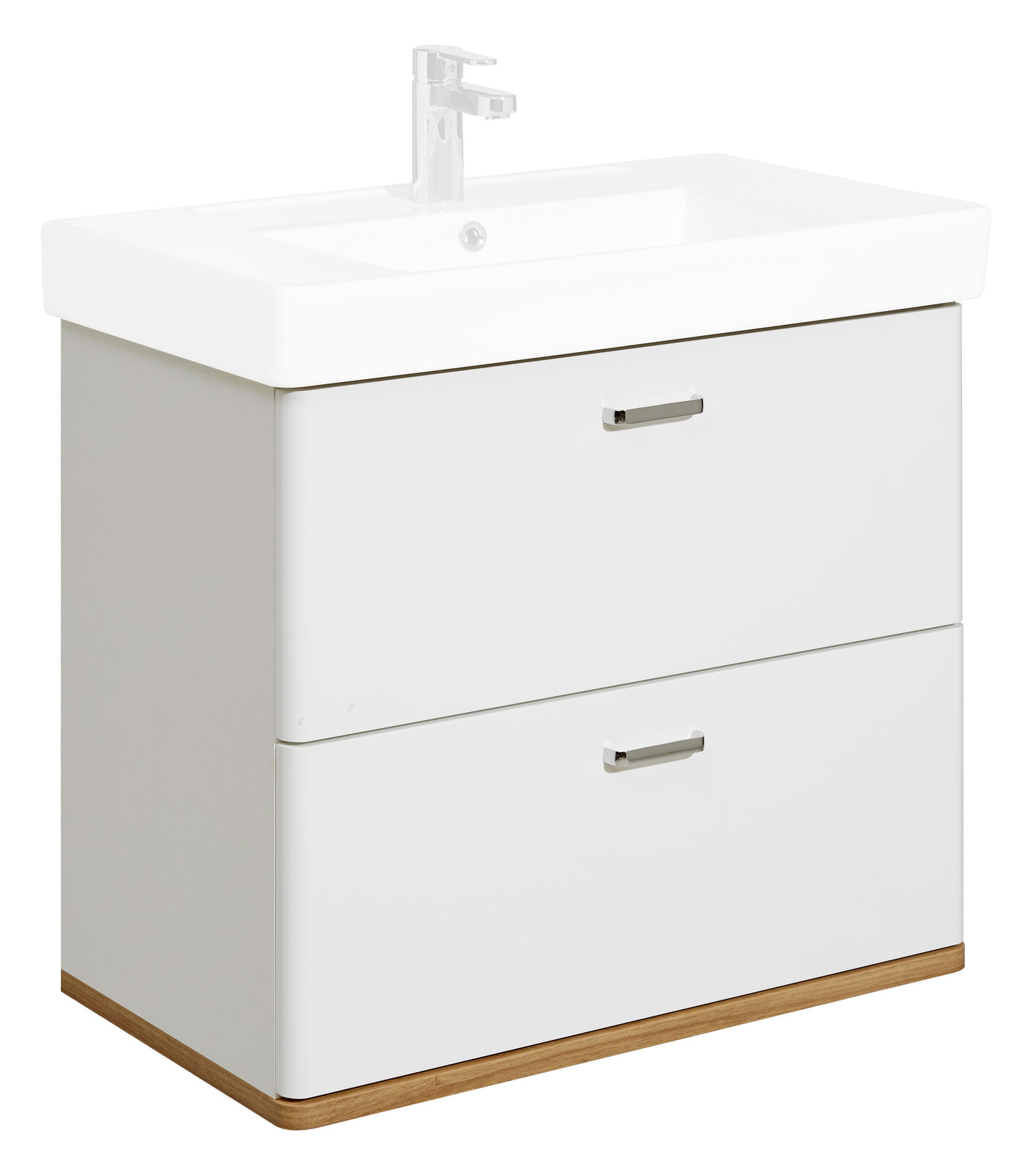 Moderner Waschtischunterschrank mit zwei Schubladen, weißem Finish und Holzdetails, Frontalansicht