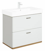 Moderner Waschtischunterschrank mit zwei Schubladen, weißem Finish und Holzdetails, Frontalansicht