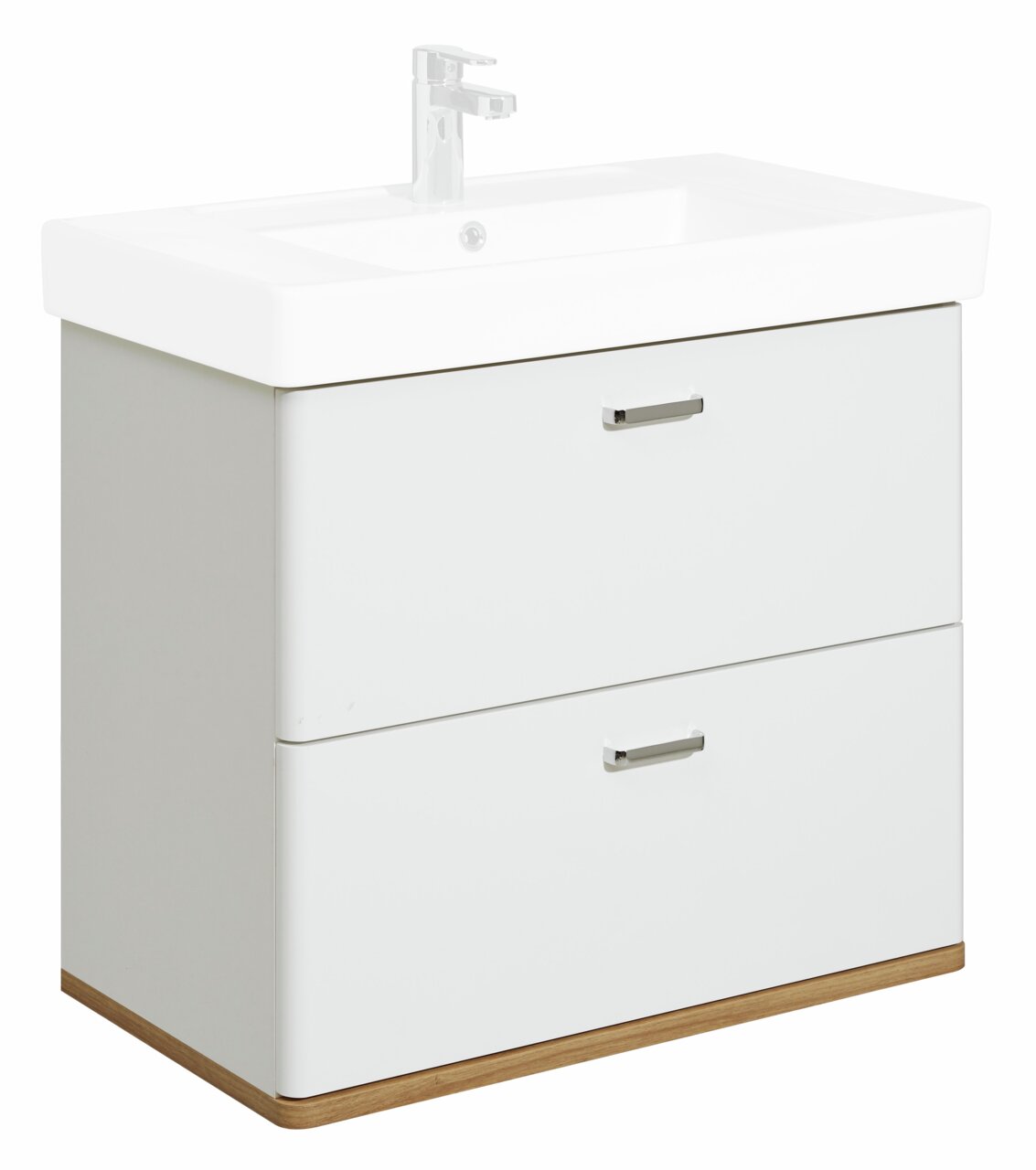 Moderner Waschtischunterschrank mit zwei Schubladen, weißem Finish und Holzdetails, Frontalansicht