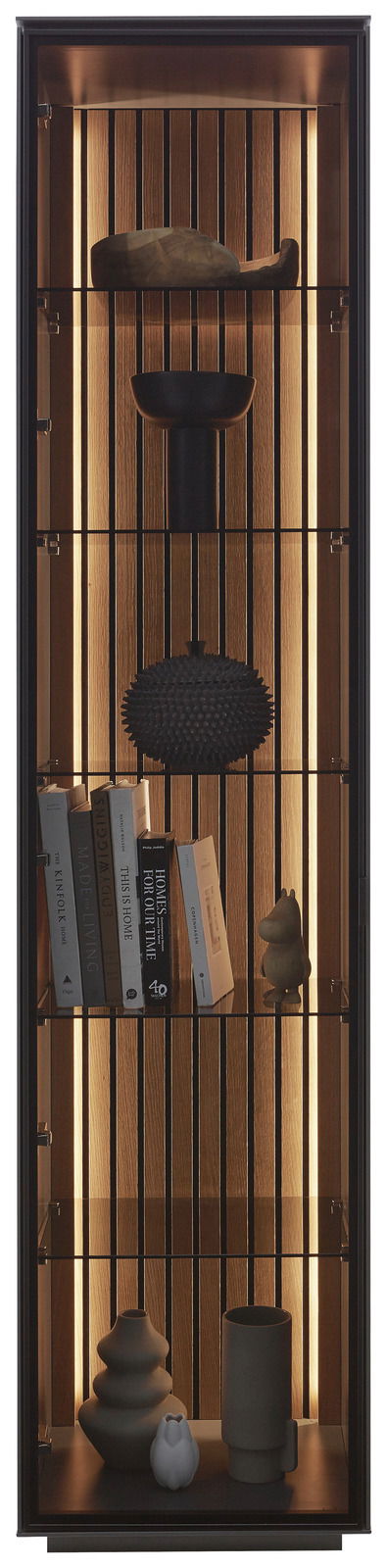 Vitrine mit Holzrückwand und integrierter Beleuchtung, gefüllt mit Büchern und dekorativen Objekten, Frontalansicht