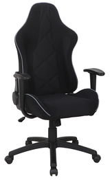 Schwarzer Gaming-Stuhl mit ergonomischem Design, Armlehnen und Rollen, Vorderansicht