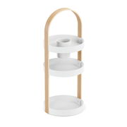 Dreistöckiger weißer Kosmetik-Organizer mit natürlichem Holzgriff, seitliche Perspektive