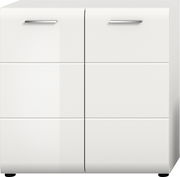 Weißer, moderner Unterschrank mit vier Fronten und zwei silbernen Griffen, Ansicht schräg von vorne.