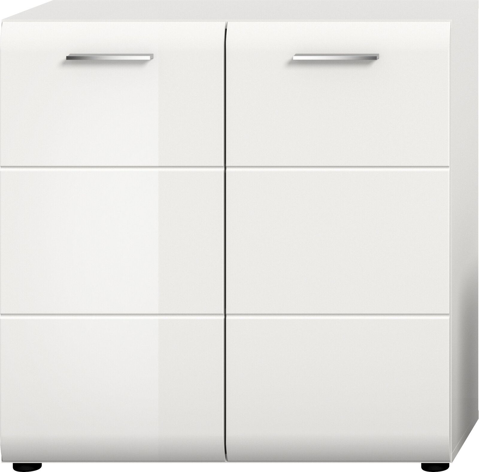 Weißer, moderner Unterschrank mit vier Fronten und zwei silbernen Griffen, Ansicht schräg von vorne.