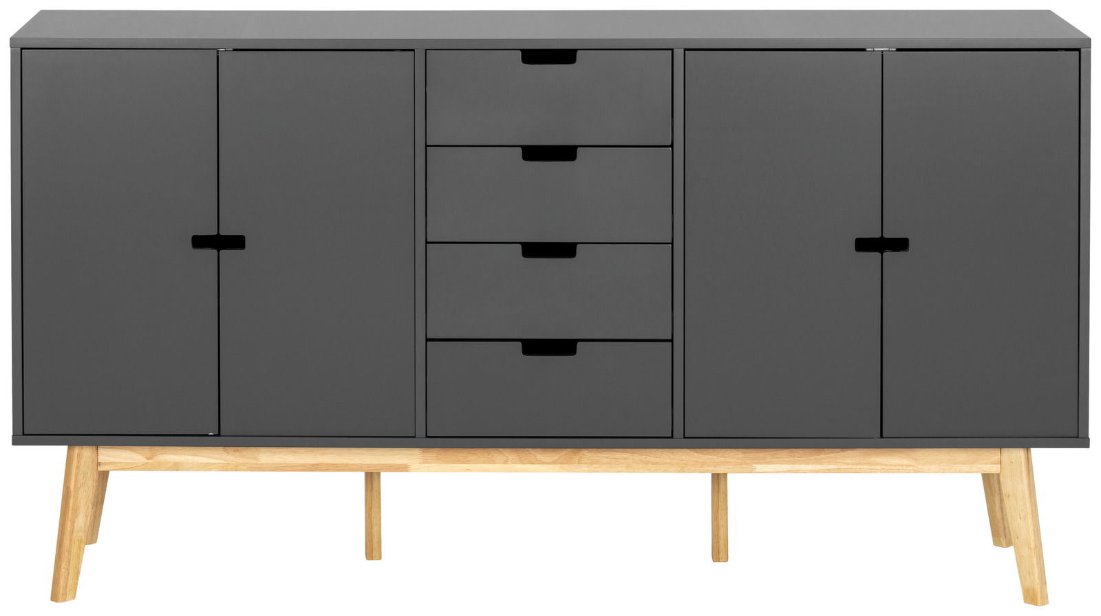 Modernes Sideboard in dunklem Grau mit vier Schubladen und zwei Türen, auf Holzbeinen stehend, Frontalansicht