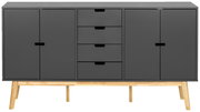 Modernes Sideboard in dunklem Grau mit vier Schubladen und zwei Türen, auf Holzbeinen stehend, Frontalansicht