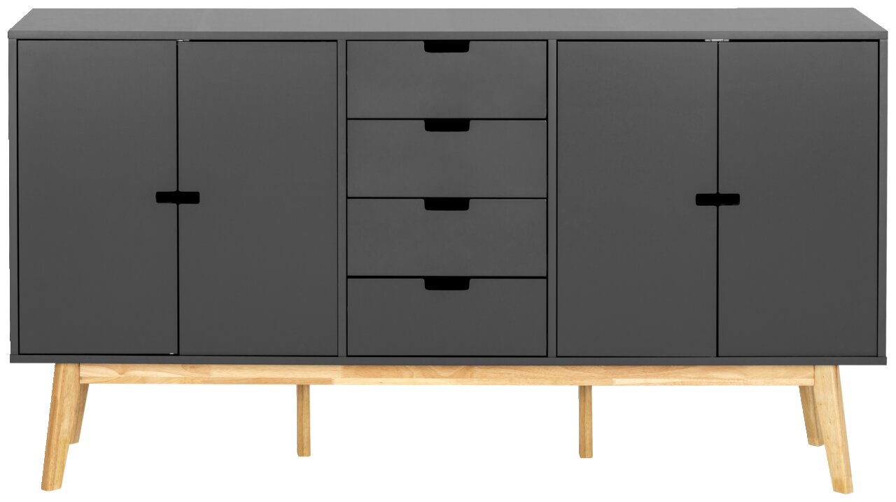 Modernes Sideboard in dunklem Grau mit vier Schubladen und zwei Türen, auf Holzbeinen stehend, Frontalansicht