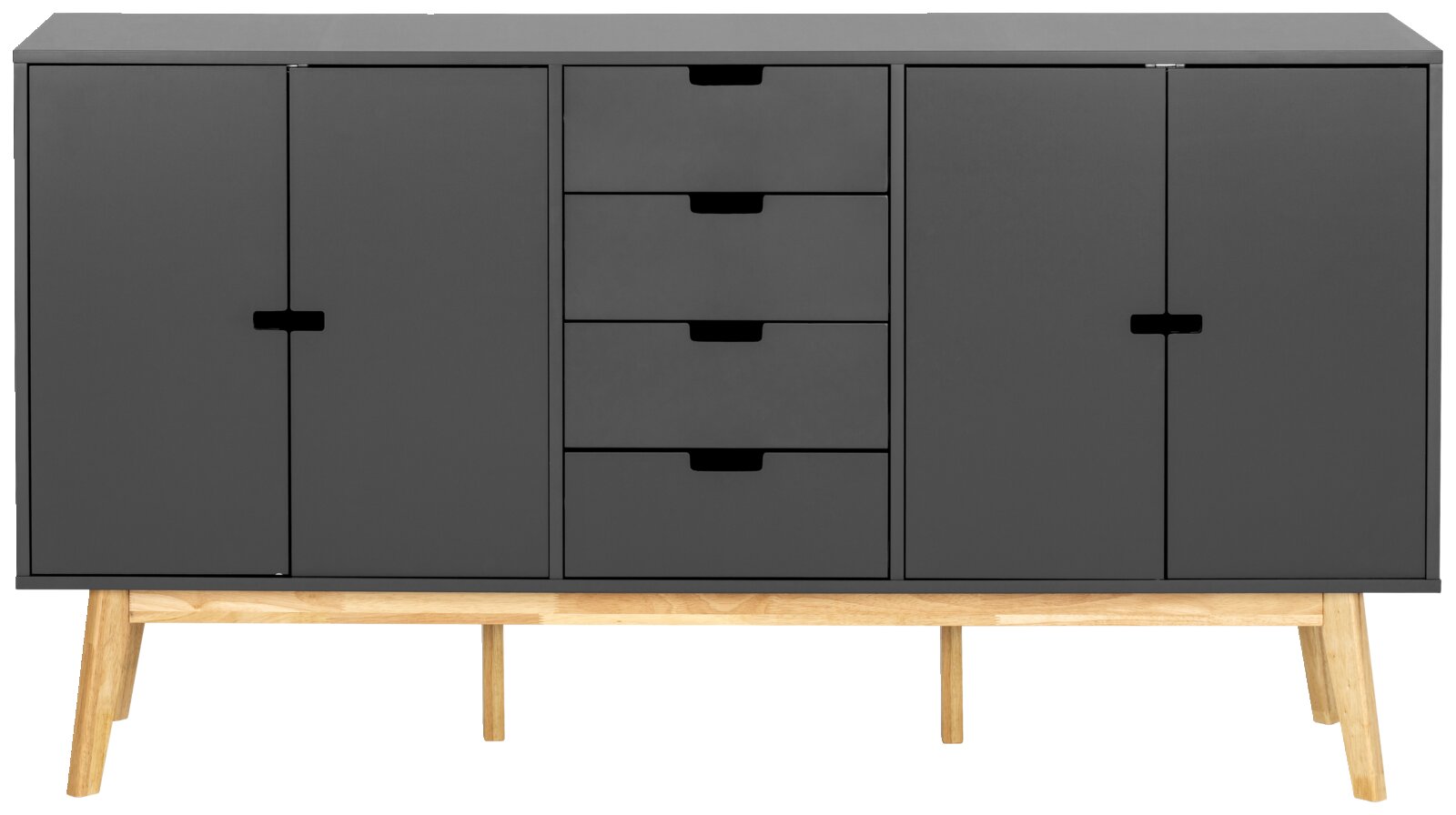 Modernes Sideboard in dunklem Grau mit vier Schubladen und zwei Türen, auf Holzbeinen stehend, Frontalansicht