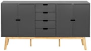 Modernes Sideboard in dunklem Grau mit vier Schubladen und zwei Türen, auf Holzbeinen stehend, Frontalansicht