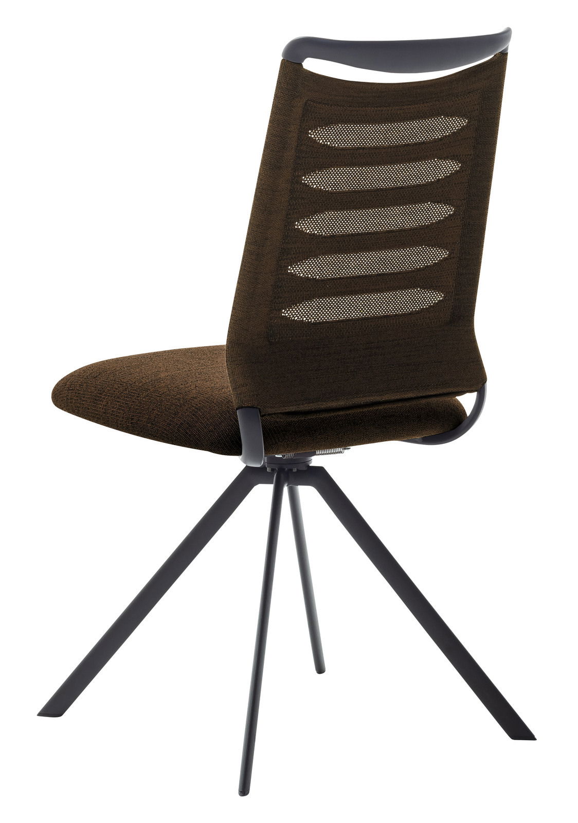 Moderner Stuhl mit braunem Netzrücken und schwarzem Metallgestell, seitliche Rückansicht