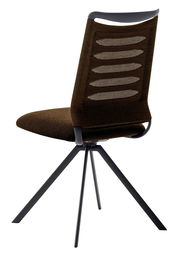 Moderner Stuhl mit braunem Netzrücken und schwarzem Metallgestell, seitliche Rückansicht