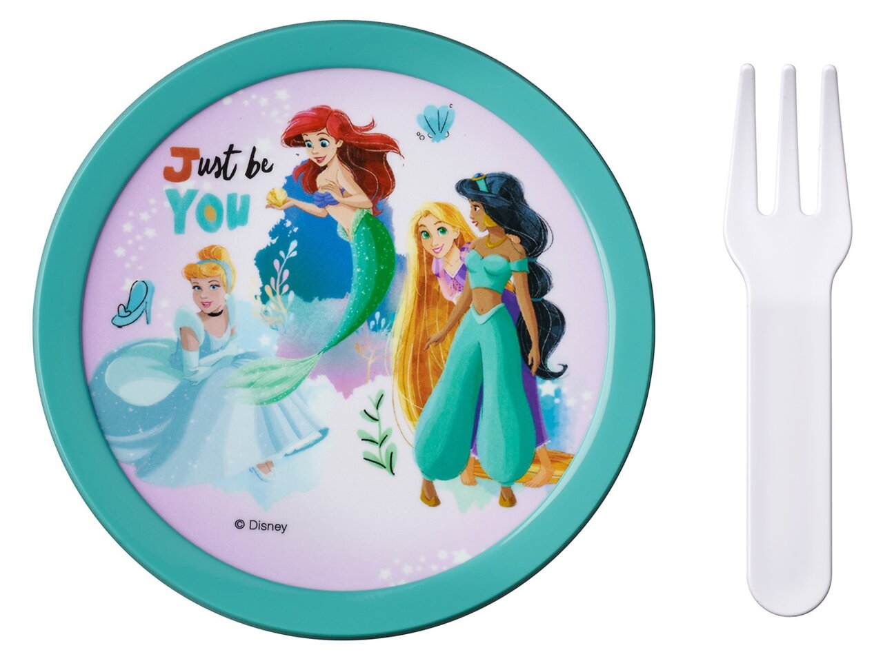 Lunchset Campus Princess met Disney-prinsessenmotief, bestaande uit een bord met een turquoise rand en een witte vork, gezien vanuit vogelperspectief.