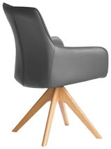 Moderner Armlehnstuhl mit grauem Polster und Holzbeinen, seitliche Perspektive