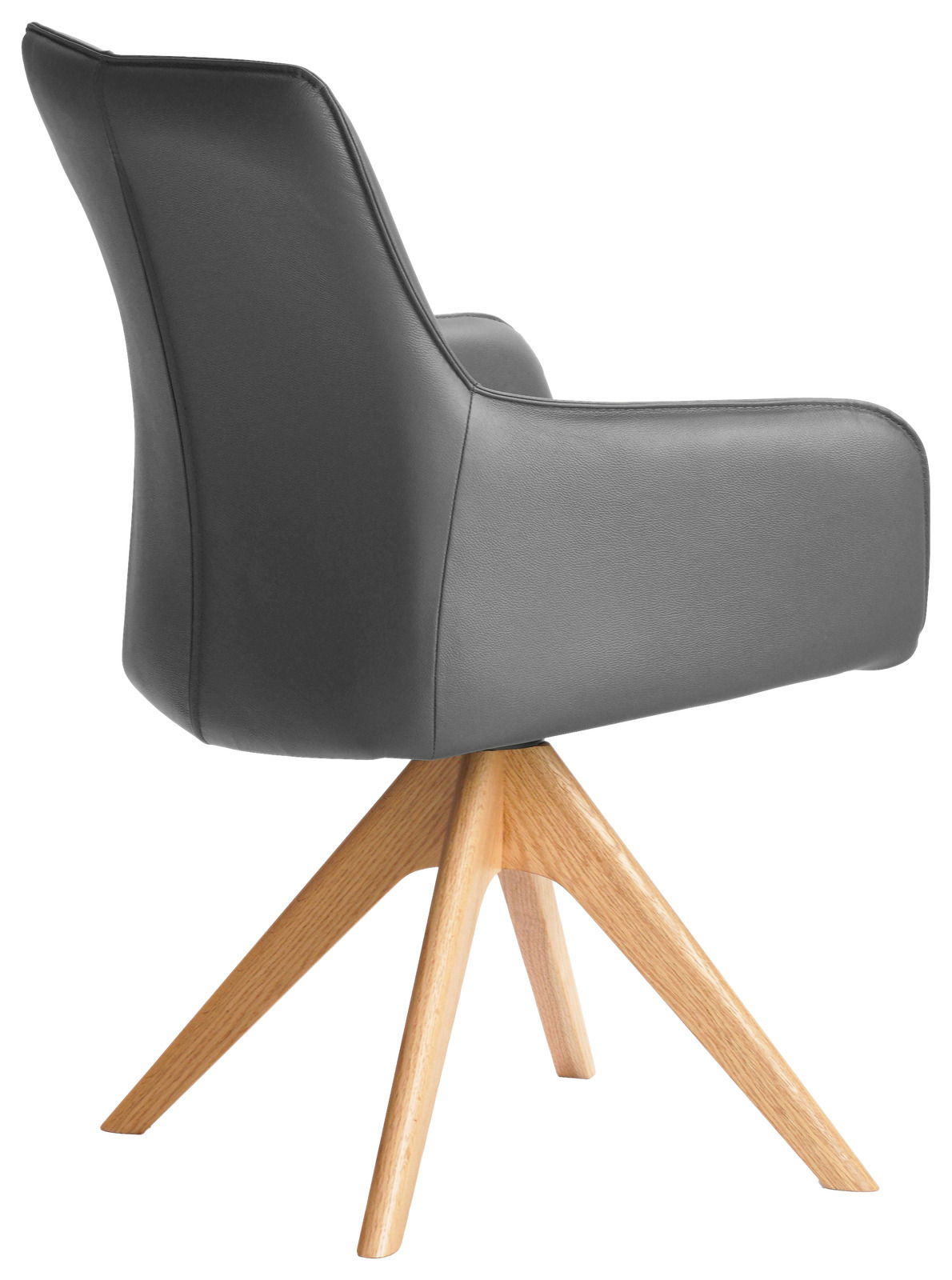 Moderner Armlehnstuhl mit grauem Polster und Holzbeinen, seitliche Perspektive
