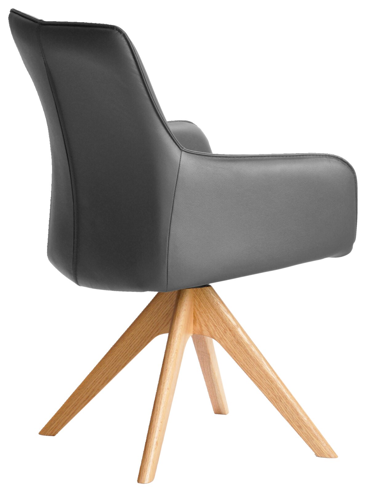 Moderne fauteuil met grijze bekleding en houten poten, zijaanzicht