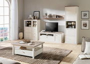 TV-Lowboard CAMRON in einem modernen Wohnzimmer, frontal betrachtet, mit hellem Holzdesign und Stauraum.