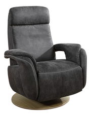 Grauer Relaxsessel mit Holzfuß, seitliche Perspektive