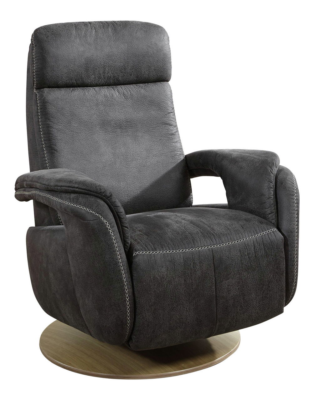 Grauer Relaxsessel mit Holzfuß, seitliche Perspektive