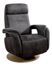 Grijze relaxfauteuil met houten onderstel, zijaanzicht