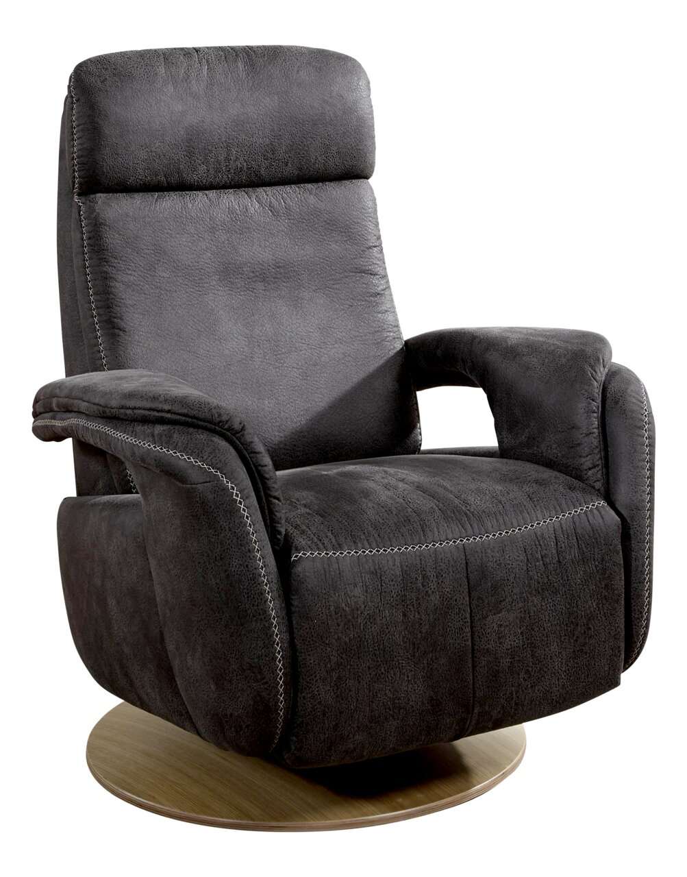 Grijze relaxfauteuil met houten onderstel, zijaanzicht