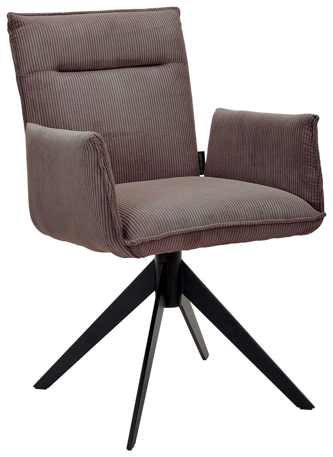 Moderner Armlehnstuhl mit braunem Stoffbezug und schwarzem Metallgestell, seitliche Perspektive