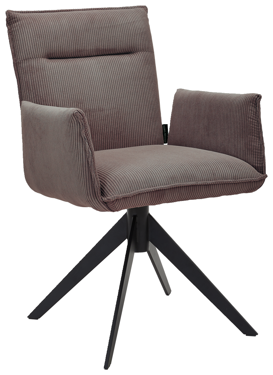 Johann Jakob Armlehnstuhl CALAS Moderner Armlehnstuhl mit braunem Stoffbezug und schwarzem Metallgestell, seitliche Perspektive