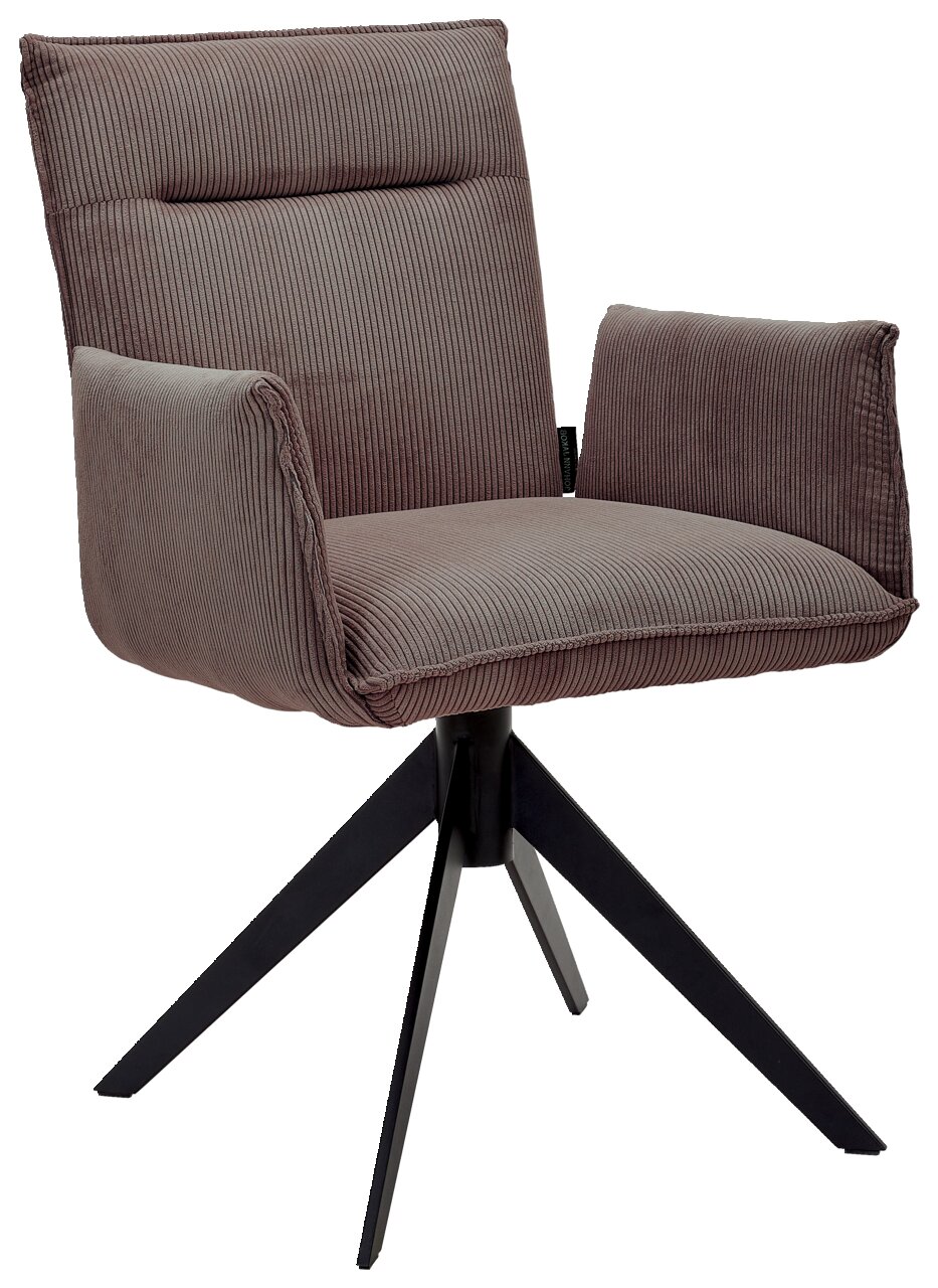 Johann Jakob Armlehnstuhl CALAS Moderner Armlehnstuhl mit braunem Stoffbezug und schwarzem Metallgestell, seitliche Perspektive