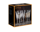 Verpackung mit sechs eleganten Sektgläsern der Marke Nachtmann, frontal abgebildet.