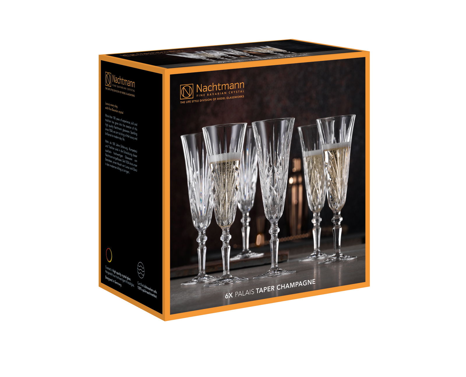 Verpackung mit sechs eleganten Sektgläsern der Marke Nachtmann, frontal abgebildet.