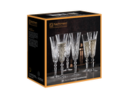 Verpackung mit sechs eleganten Sektgläsern der Marke Nachtmann, frontal abgebildet.