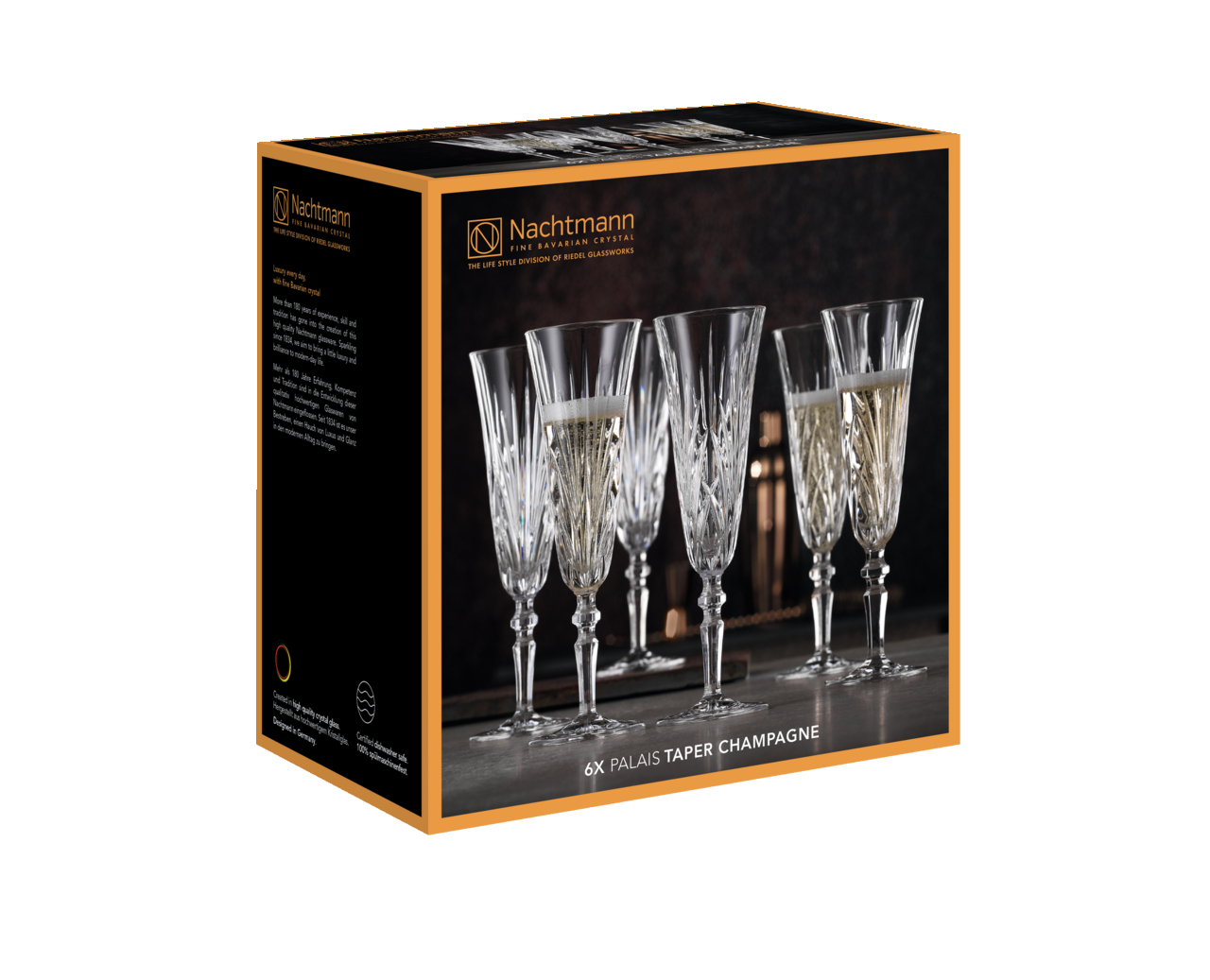 Verpackung mit sechs eleganten Sektgläsern der Marke Nachtmann, frontal abgebildet.