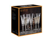 Verpackung mit sechs eleganten Sektgläsern der Marke Nachtmann, frontal abgebildet.