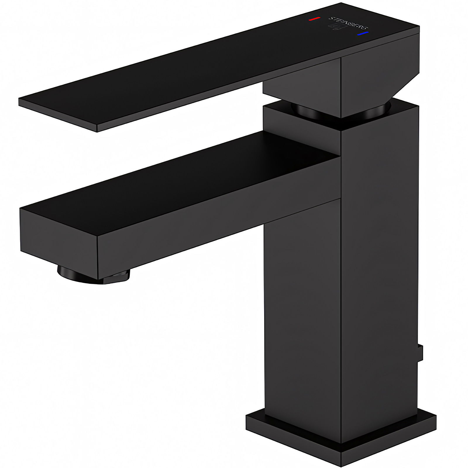 Moderner schwarzer Waschtisch-Einhebelmischer in seitlicher Perspektive