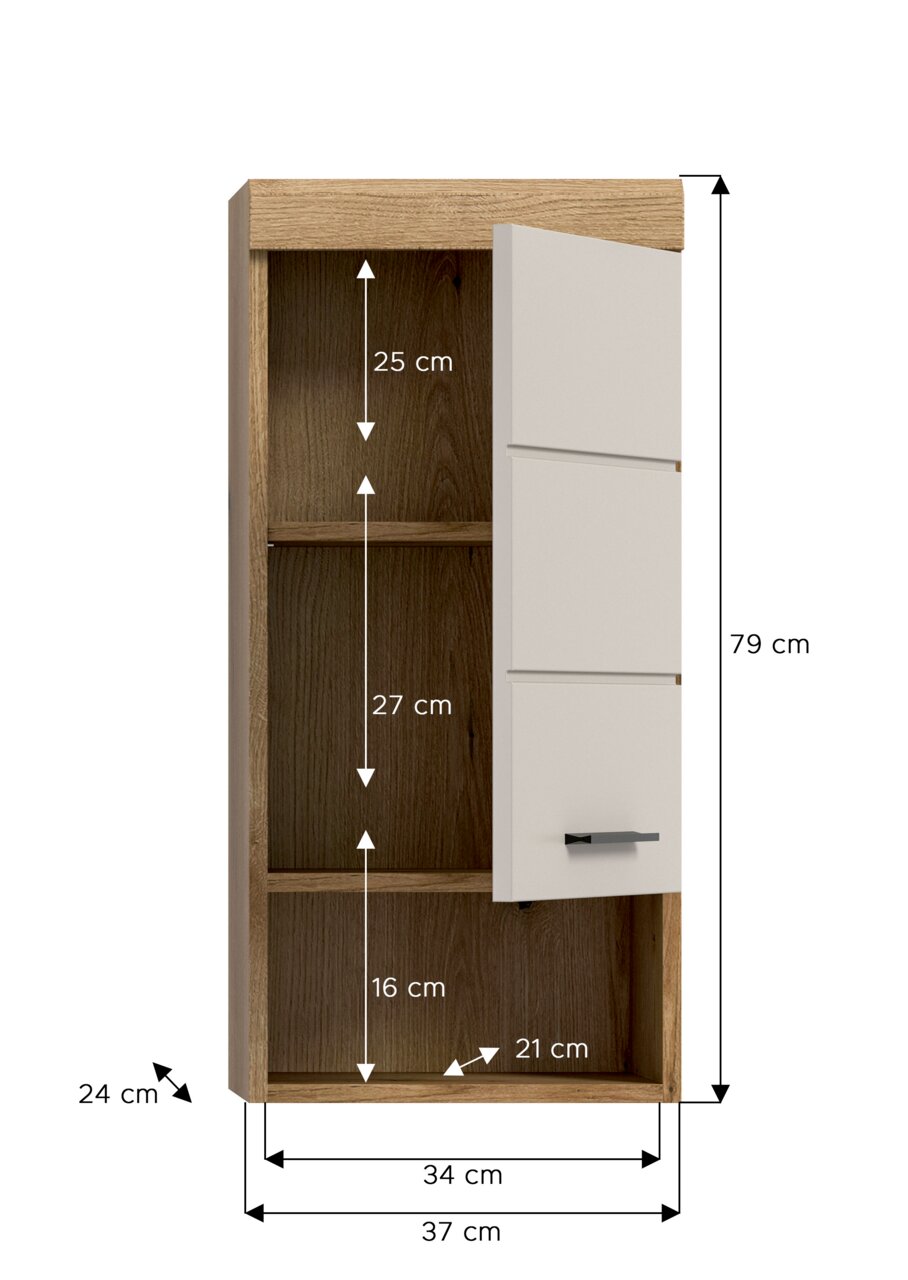 Schmaler Hängeschrank in Holzoptik mit weißer Tür und schwarzem Griff, Tür halb geöffnet, Innenfächer sichtbar; Frontansicht leicht schräg von links mit Maßangaben (H 79 cm, B 37 cm, T 24 cm).