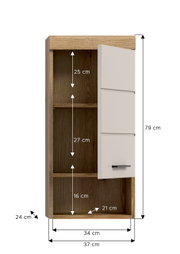 Schmaler Hängeschrank in Holzoptik mit weißer Tür und schwarzem Griff, Tür halb geöffnet, Innenfächer sichtbar; Frontansicht leicht schräg von links mit Maßangaben (H 79 cm, B 37 cm, T 24 cm).
