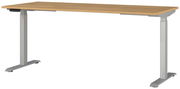 Moderner höhenverstellbarer E-Schreibtisch mit Holzoberfläche und grauem Metallgestell, seitliche Perspektive