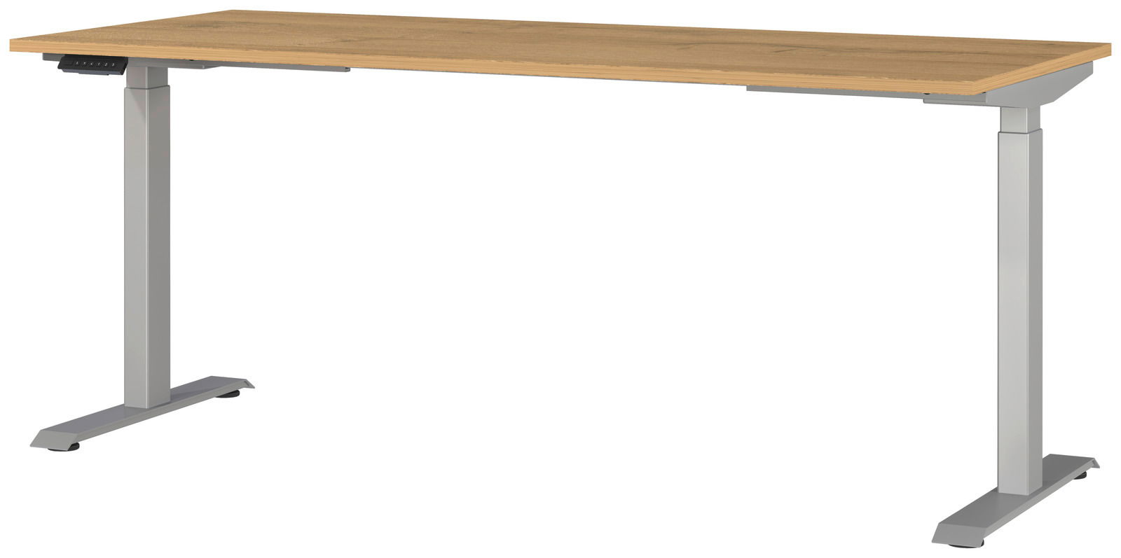 Moderner höhenverstellbarer E-Schreibtisch mit Holzoberfläche und grauem Metallgestell, seitliche Perspektive