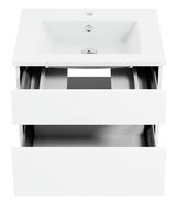 Weiße Badkombination mit zwei offenen Schubladen und Waschbecken, Ansicht von vorne