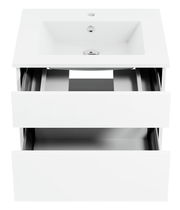 Weiße Badkombination mit zwei offenen Schubladen und Waschbecken, Ansicht von vorne