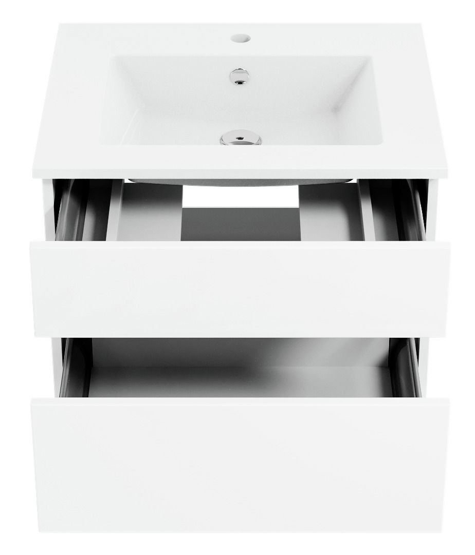 Weiße Badkombination mit zwei offenen Schubladen und Waschbecken, Ansicht von vorne