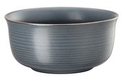 Blaue Müslischale aus Keramik mit feiner Rillenstruktur, seitliche Perspektive