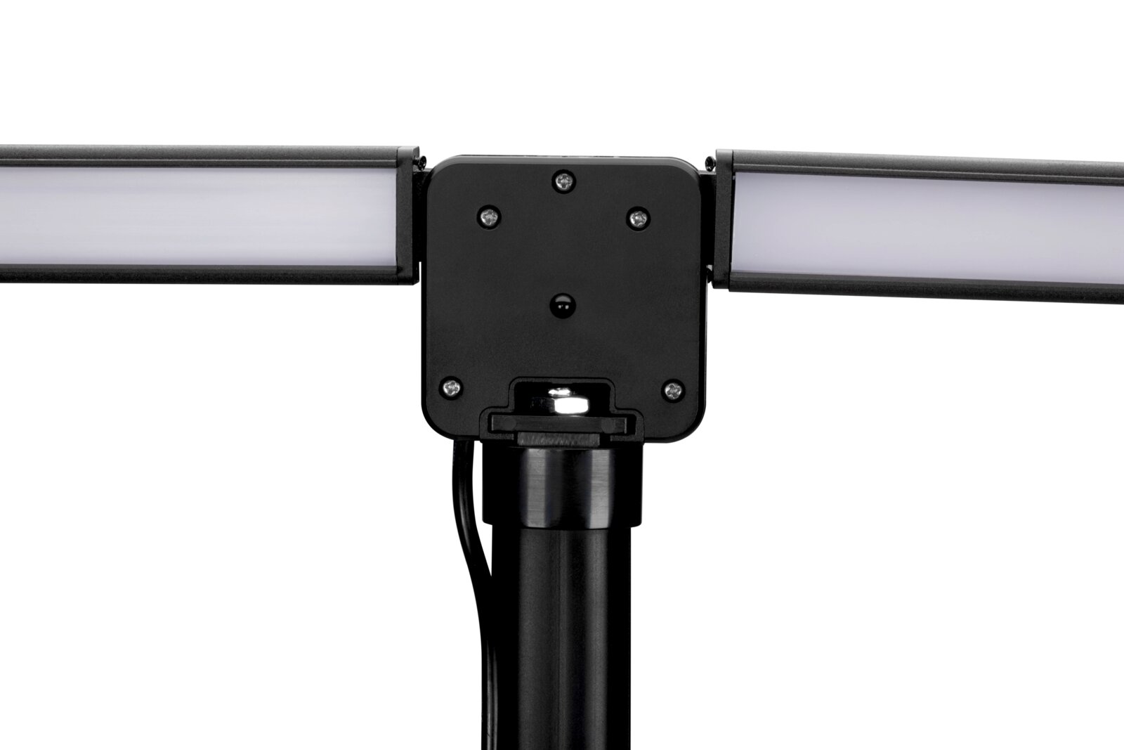 LED-Klemmleuchte in Nahaufnahme von vorne, zeigt die Leuchtarme und den Befestigungsmechanismus.