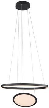 Moderne LED-Hängeleuchte Sol in schwarzem Design, von unten betrachtet, mit zwei kreisförmigen Leuchtelementen.
