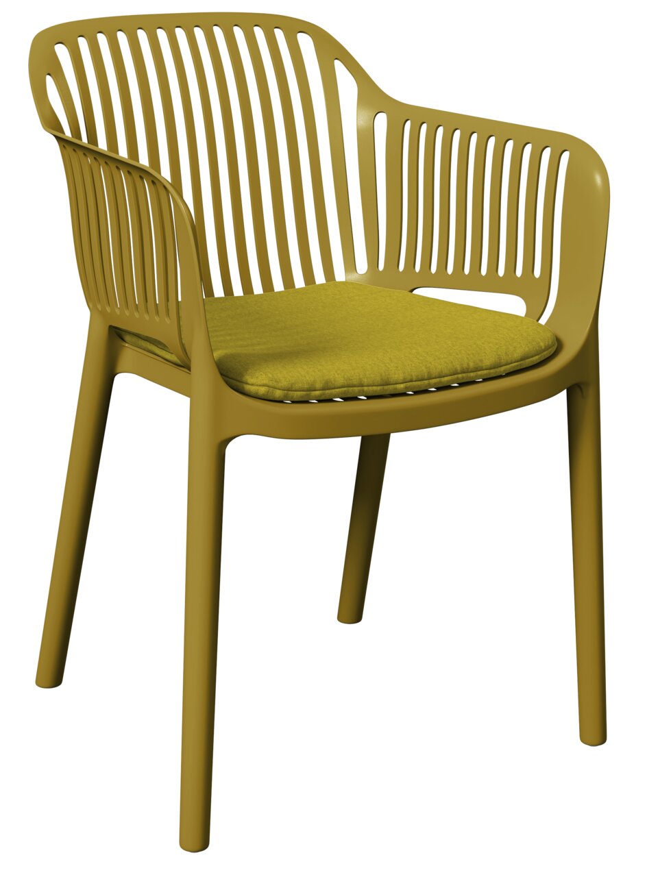 Ambia Garden Stapelsessel MINO Moderner olivgrüner Stapelsessel mit Armlehnen und gepolstertem Sitzkissen, seitliche Perspektive