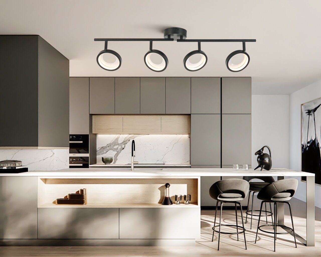 Novel LED-Strahler Moderne LED-Deckenleuchte mit vier verstellbaren Strahlern in einer stilvollen Küche, Perspektive von unten.