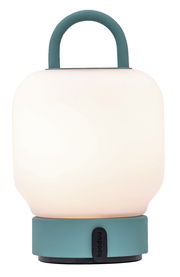 Tragbare Lampe in rauchigem Teal mit Griff, frontal betrachtet.