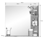 Moderner rechteckiger Spiegel mit integriertem Regal auf der rechten Seite, gefüllt mit Pflegeprodukten und Pflanzen, frontal betrachtet.