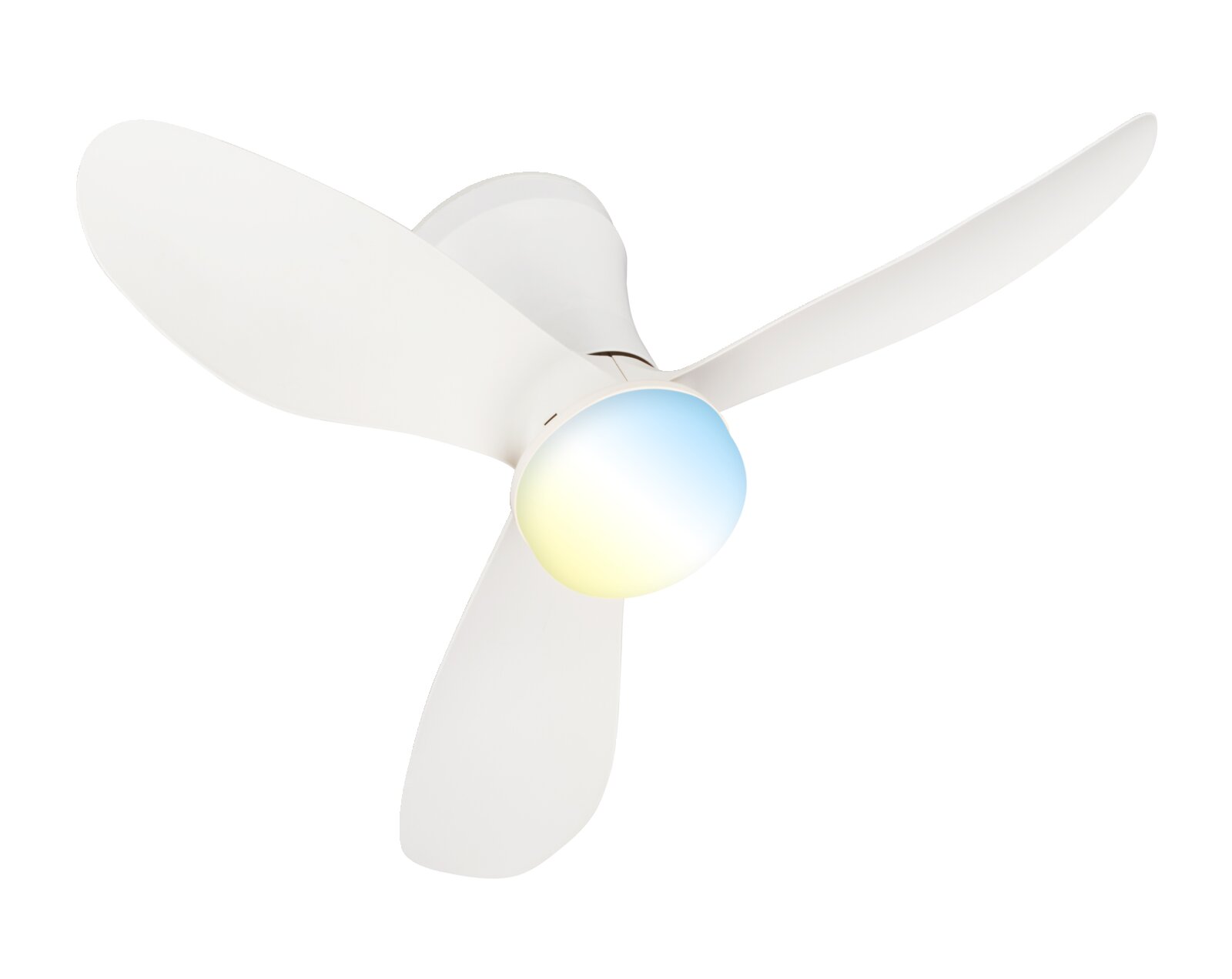 Briloner Deckenventilator inkl. LED LUFITO Weißer Deckenventilator mit drei Flügeln und runder integrierter LED-Leuchte, Ansicht von unten in leichter Schrägperspektive vor weißem Hintergrund