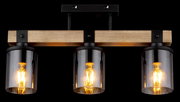 Moderne Deckenleuchte mit drei Glühbirnen in Glaszylindern, montiert auf einem Holzträger, seitliche Perspektive