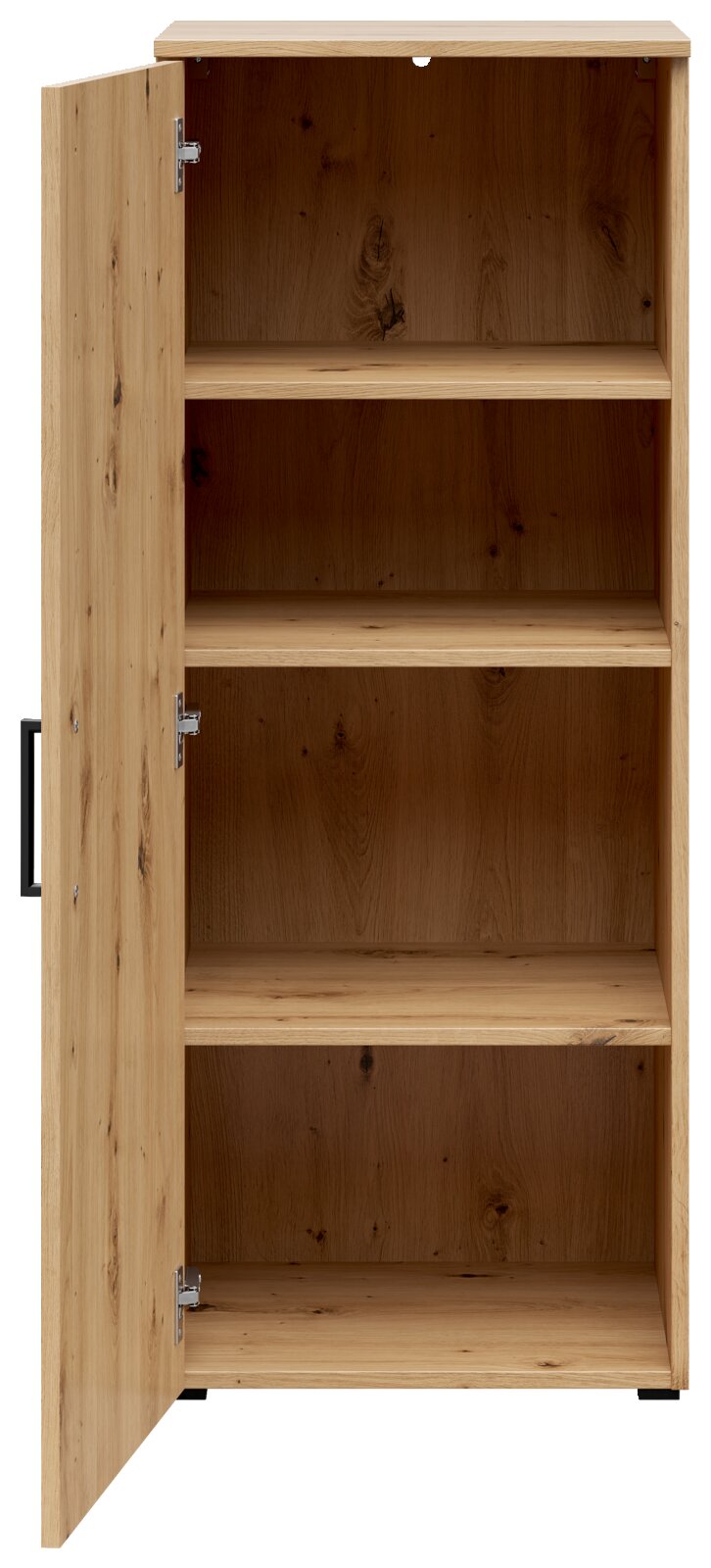Geöffnete Kommode aus Holz mit drei Regalböden, Frontansicht